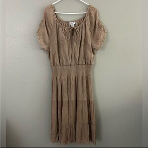 J. Gee Tan Tiered Embroidered Midi Dress Plus Size 3X Boho Puff Sleeves Smocked